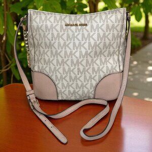 Michael Kors MK Logo Crossbody Bag Pink Leather Trim Gold Hardware Shoulder Purs